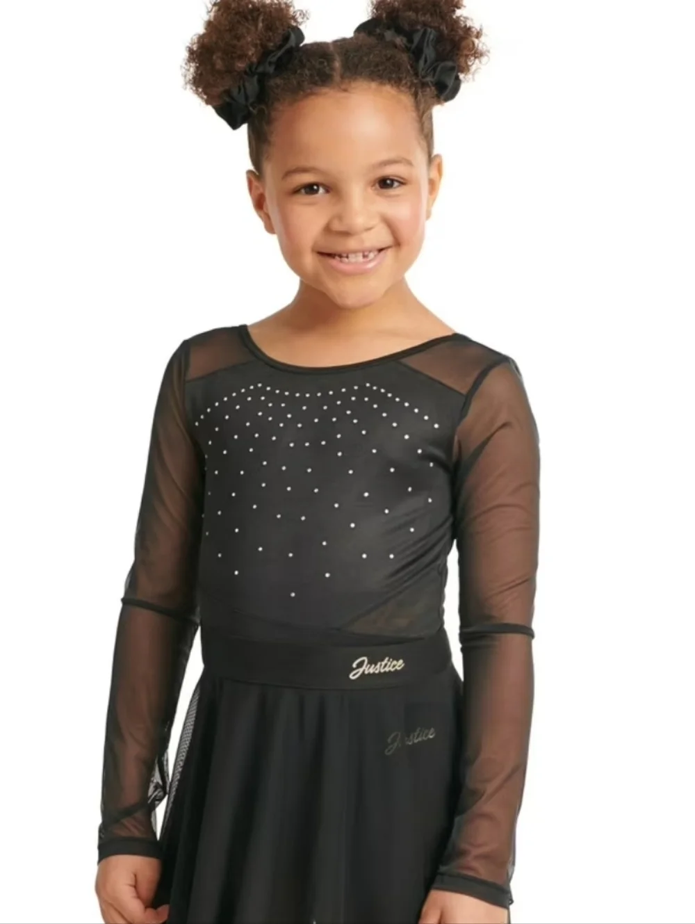 Justice Black Mesh LS Leotard + Scrunchie Girls S 7-8 Dance Gymnastics